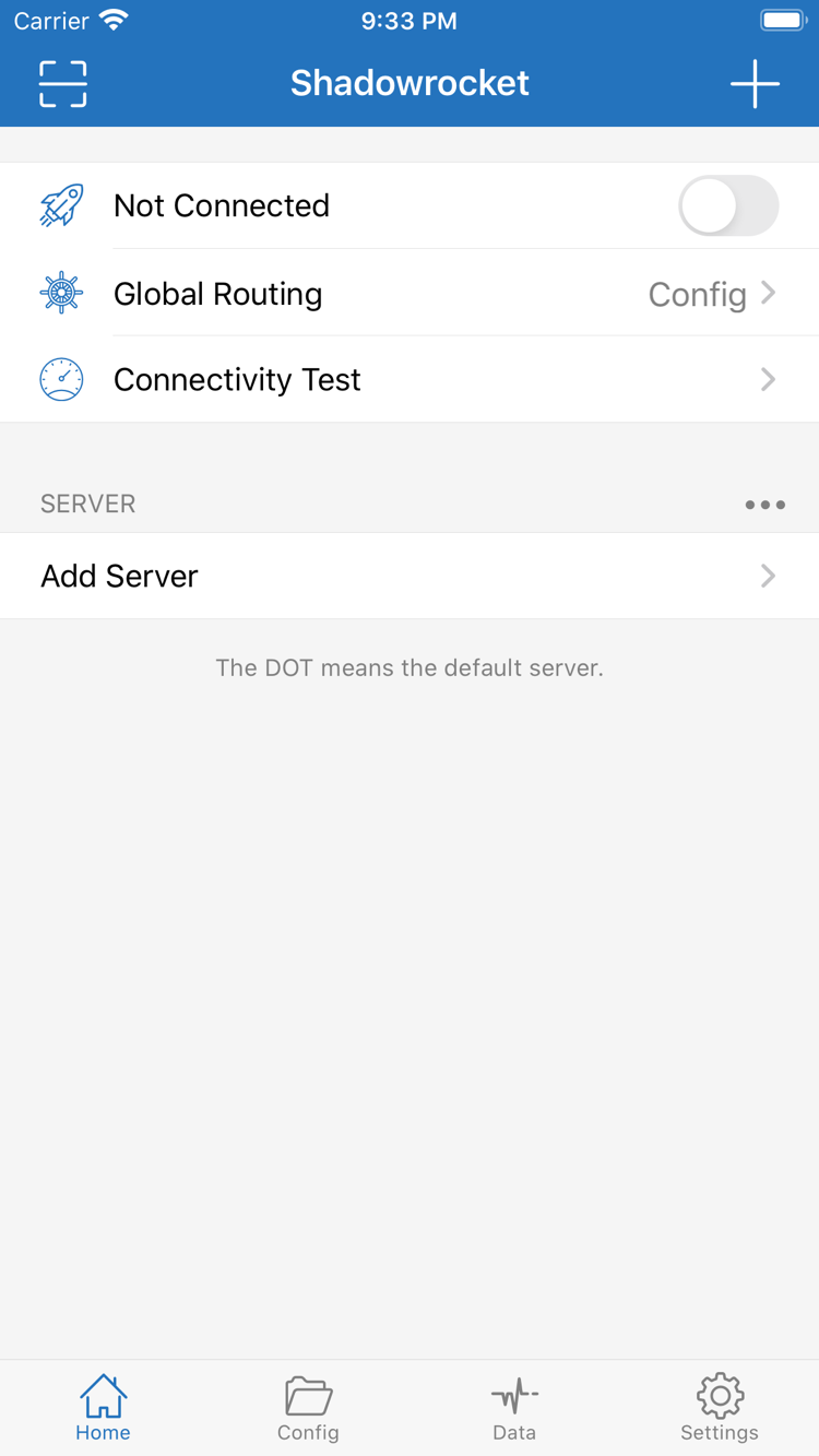 Shadowrocket Home screen showing the Not Connected switch, Global Routing, Connectivity Test, SERVER group, and Add Server