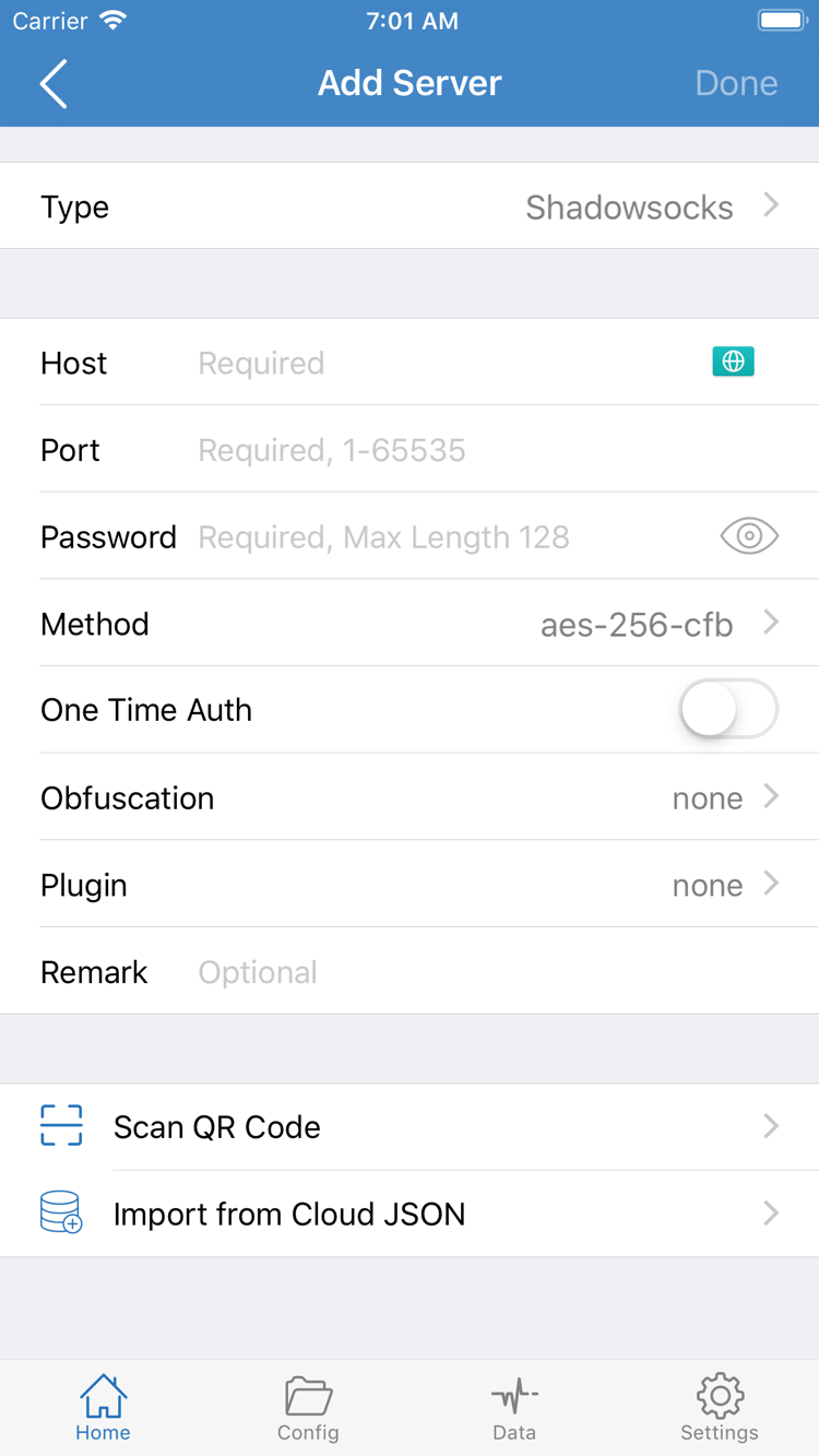 Shadowrocket Add Server screen showing Type, Host, Port, Password, Method, and the QR code import option